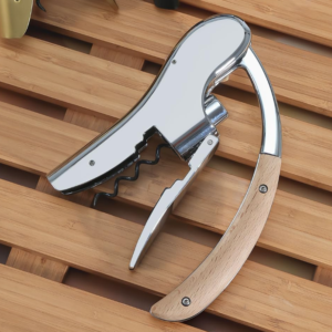 Wooden Handle Wine Opener with Foil Cutter and Zinc Alloy Corkscrew for Home Bar