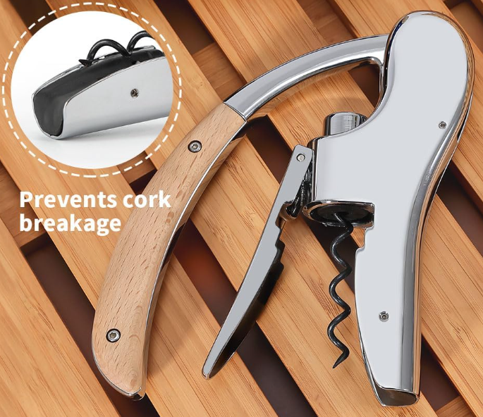 Wooden Handle Wine Opener with Foil Cutter and Zinc Alloy Corkscrew for Home Bar - Image 2