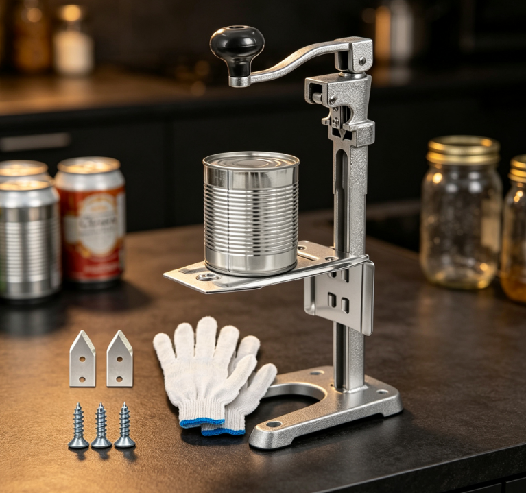 Commercial Adjustable Manual Can Opener with Dual Blade Design and Heavy Duty Base for Restaurant Use