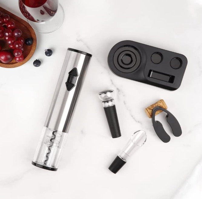 5-in-1 Electric Wine Opener Set with Foil Cutter, Wine Pourer, Stopper and Storage Base, Battery Operated