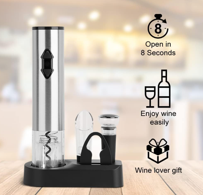 5-in-1 Electric Wine Opener Set with Foil Cutter, Wine Pourer, Stopper and Storage Base, Battery Operated - Image 2