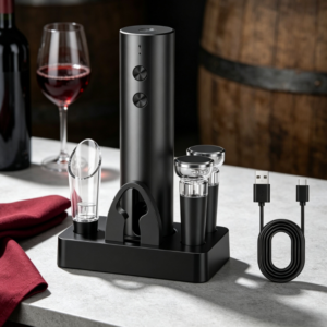 Rechargeable Electric Wine Opener Set with Pourer, Foil Cutter, Vacuum Stoppers and Charging Base