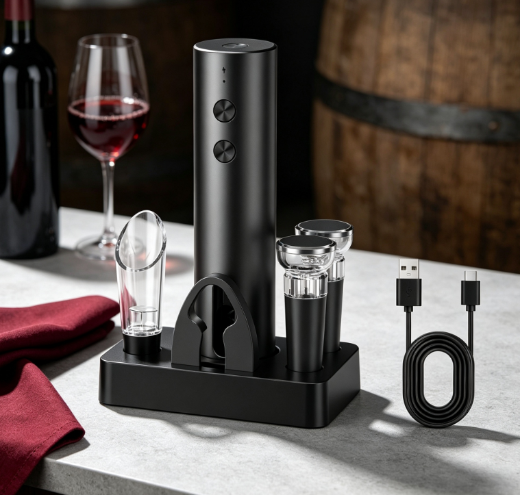 Rechargeable Electric Wine Opener Set with Pourer, Foil Cutter, Vacuum Stoppers and Charging Base