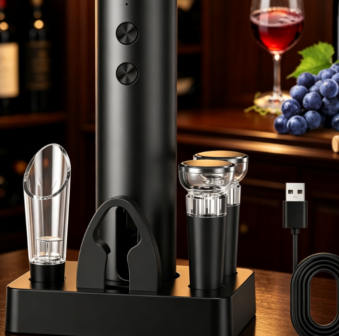 Rechargeable Electric Wine Opener Set with Pourer, Foil Cutter, Vacuum Stoppers and Charging Base - Image 2