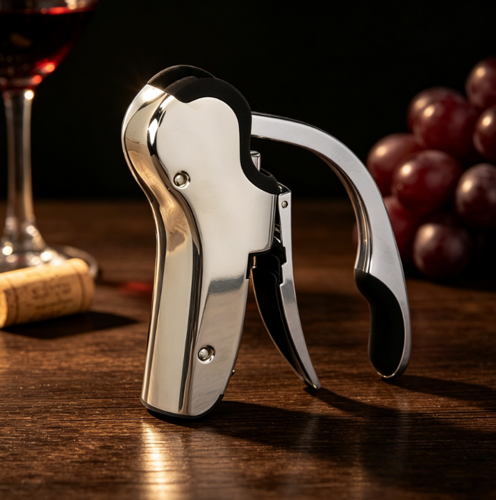 Stainless Steel Vertical Corkscrew Wine Opener with Integrated Foil Cutter
